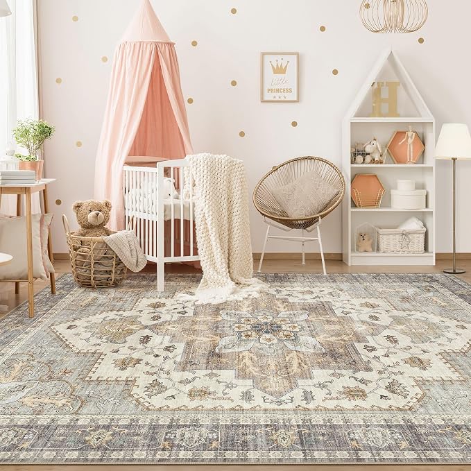 Tortania Area Rug Living Room Rugs - 9x12 Washable Boho Rug Vintage Oriental Distressed Farmhouse Large Thin Indoor Carpet for Living Room Bedroom Under Dining Table Home Office - Greige