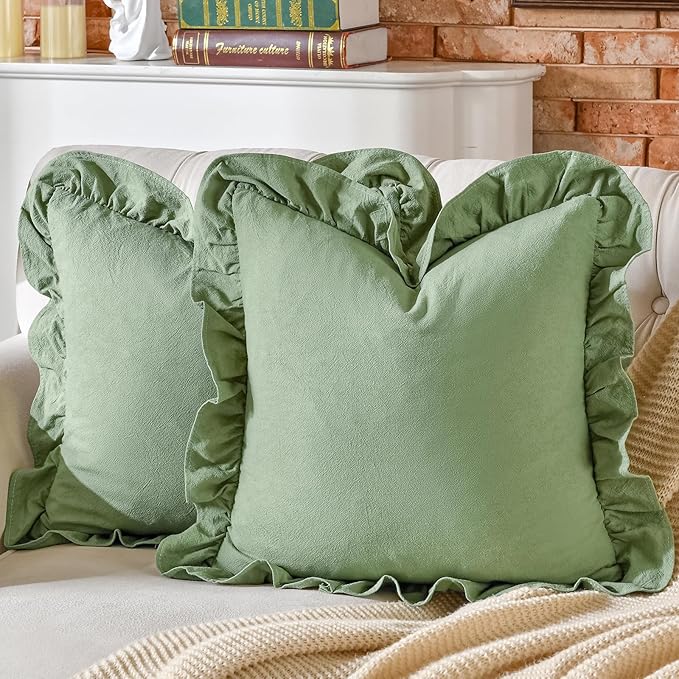 AmHoo Pack of 2 Throw Pillow Covers 100% Cotton Pre Washed Ruffle Decorative Pillowcase Cushion for Couch Sofa Bedroom 20 x 20-Inch Sage Green