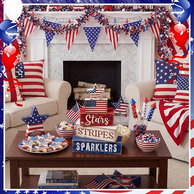 CroBlissful 5 Pcs 4th of July Decorations Patriotic Memorial Day Tabletop Decoration Red White Blue Table Centerpieces Stars Stripes Sparklers Sign for Office Tiered Tray Home Shelf 250th Anniversary