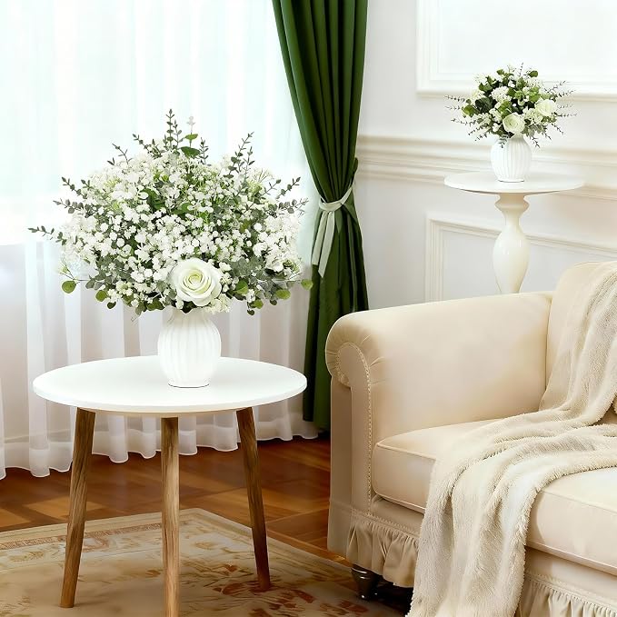 110pcs Mixed Faux Greenery: Real Touch Babys Breath Artificial Flowers Bulk, Eucalyptus Stems & Frosted Silver Dollar for Rustic Wedding Decor, Boho Farmhouse Table Centerpieces