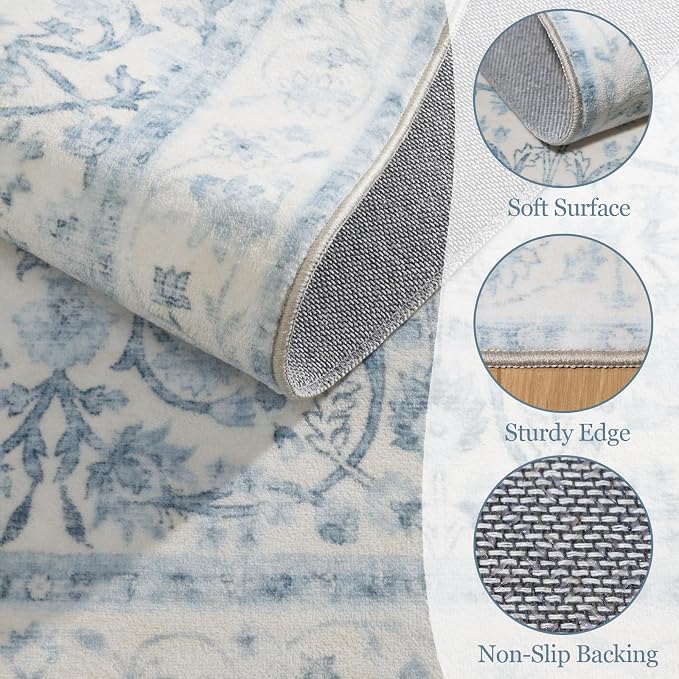 Washable Rugs for Living Room: 10x14 Area Rugs for Bedroom Ultra Soft Non-Slip Low Pile Vintage Boho Large Carpet for High-Traffic Dining Room - Farmhouse Decor
