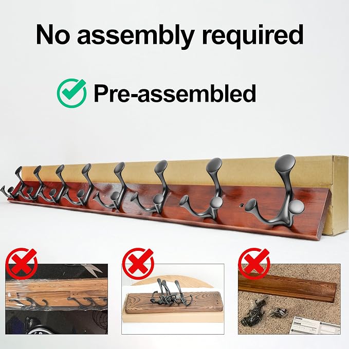 WEBI Coat Rack Wall Mount,36" Solid Wood Coat Hooks Wall Mounted Coat Hanger,16" Hole to Hole,Heavy Duty Hook Rack Rail,6 Triple Hooks for Hanging Coats,Jacket,Clothes,Hat,Backpack,Cherry,2 Packs