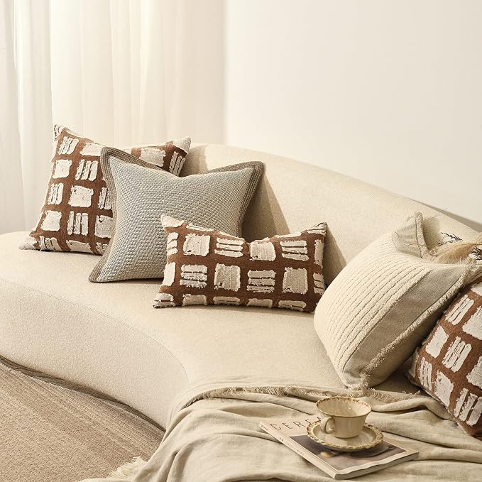 Boho Lumbar Pillow Covers 12x20, Brown White Abstract Grid Pillows Cushion Cover, Farmhouse Decorative Pillowcase for Sofa Couch Bedroom