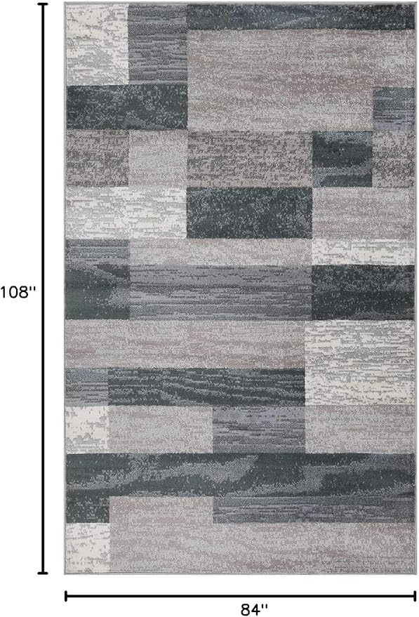 Superior Indoor Area Rug, Jute Backed, Modern Geometric Patchwork Floor Decor for Bedroom, Office, Living Room, Entryway, Hardwood Floors, Rockwood Collection, 7' x 9', Blue-Taupe