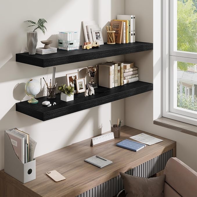 Fun Memories 48 Inch Floating Shelves for Wall - 12 Inch Deep Fireplace Mantel Shelf - Wood Floating Shelf for Wall - Large Storage Shelves Wall Mount for Living Room & Bedroom - Black - Set of 1