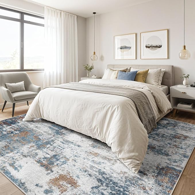 5x7 Area Rugs Living Room: Washable Large Abstract Neutral Modern Soft Rug Stain Resistant Indoor Floor Non-Slip Accent Carpet for Bedroom Nursery Playroom Dining Room Office Dorm Home- Rust Cyan