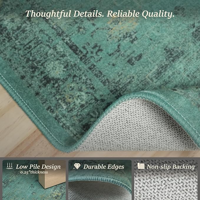 Turquoise Green 5x7 Washable Area Rug for Small Living Room, Non-Slip Low Pile Vintage Boho Carpet, Distressed Teal Geometric Rug for Home Office & Bedroom, Modern Farmhouse Décor
