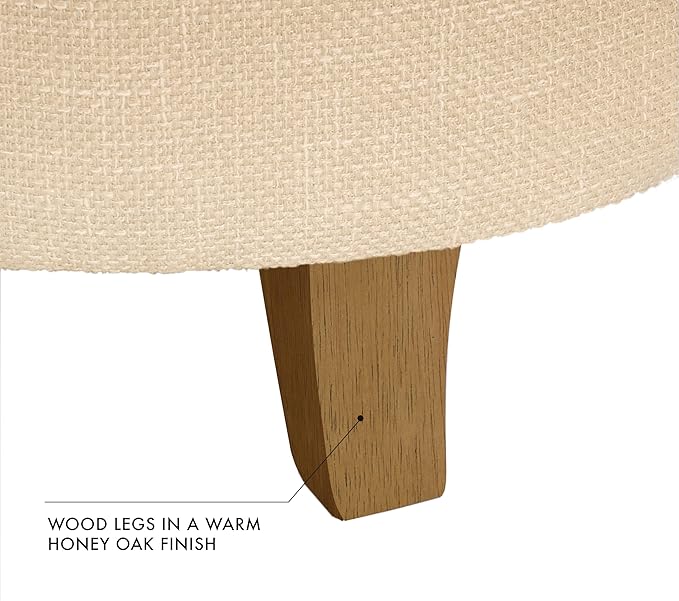 HomePop by Kinfine Fabric Upholstered Round Storage Ottoman - Button Tufted Ottoman with Removable Lid, Light Tan Textured Solid