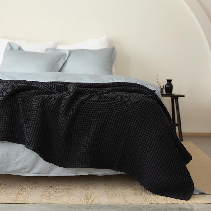 100% Turkish Cotton Waffle Throw Blanket King Size Black - Premium Quality, Light and Airy Waffle Weave All-Season Quilt - Lux Decorative Bedspread (Black, King Size 95" x 110" Inch)