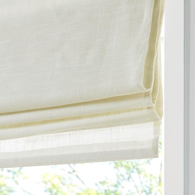 Madison Park Kyler Cordless Roman Shades - Single Panel, Lightweight Linen Blend Fabric, Natural Design, Easy Installation, Light Filtering Window Blind, Bedroom, Living Room Decor 29"W x 64"H Ivory