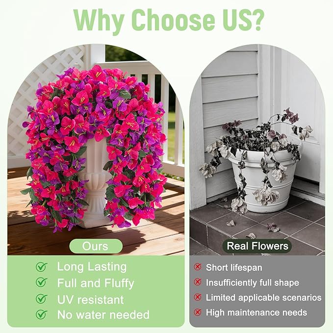 Fake Bougainvillea Artificial Flowers for Outdoors Decoration 2 pcs Faux Hanging Flowers Plants for Outdoor Planters UV Resistant Silk Bougainvillea Vines for Front Door Porch Urn Patio Garden