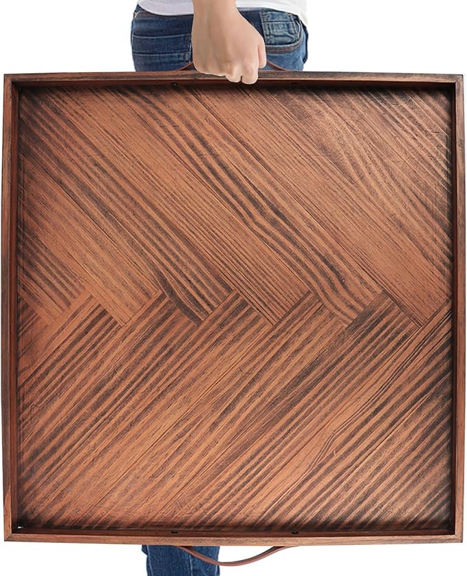 SXNOWS Wooden Serving Tray with Leather Handles, 24x24 in | Large Square Wood Tray,Perfect for Ottoman Coffee Table Living Room and Kitchen, Rustic Gift for Home Decor