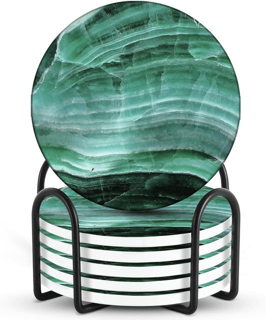 Emerson Coasters for Drinks Absorbent – Dining Table Set of 6 with Holder, 100% Ceramic Wooden Tabletop Protection Marble Style - Non-Slip & Cork Bottom - Heavy Duty (Nova)