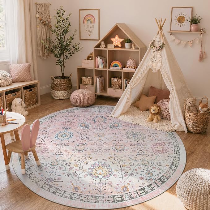 Lahome Girls Bedroom Pink Round Rug 6ft, Soft Washable Floral Circle Rug with Non Slip Backing, Light Pink Area Rug for Kids Room, Nursery, Reading Corner and Playroom