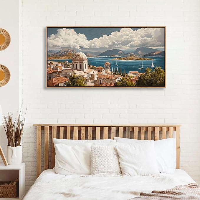 YDYSUNE Framed Retro Mediterranean Coastal Canvas Wall Art, Large Ocean Seascape Wall Decor for Living Room Bedroom Office Home, 20"×40"