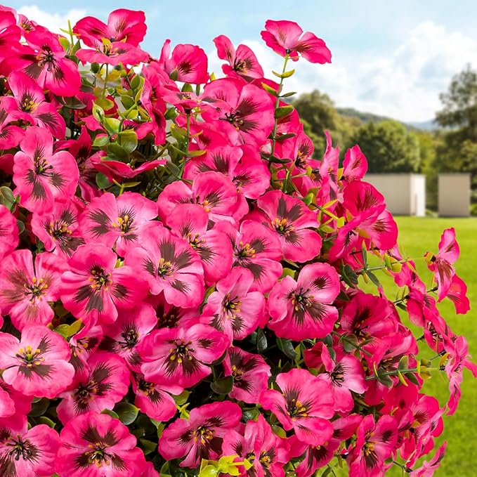 24 Pcs Artificial Fake Pansy Flowers for Outdoor,Faux Silk Plants Flowers UV Resistant Pansies Spring Flowers for Planter Front Door Porch Yard Patio Garden Window Box Home Decor(Dark Pink)