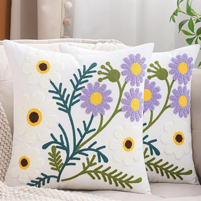 Spring Floral Pillow Covers 18x18 Inch Set of 2 Cotton Embroidery Farmhouse Throw Pillow Cover Outdoor Garden Cushion Case Summer Decorations for Home (Purple and White Flower,18"x18")