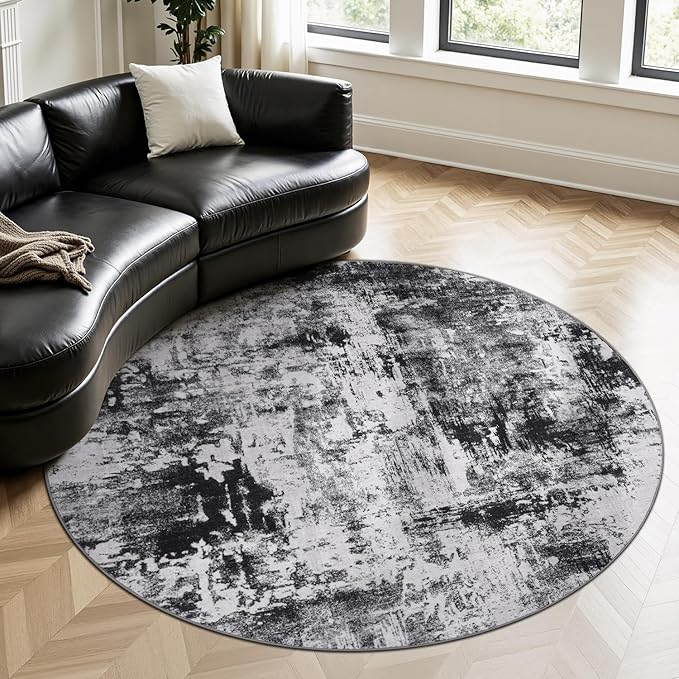 Rugflix Round Area Rugs 6Ft for Living Room, Washable Circle Rug Stain-Resistant Low Pile, Modern Dark Carpet for Bedroom Dining Room Home Office Kid Nursery Room, Black Grey