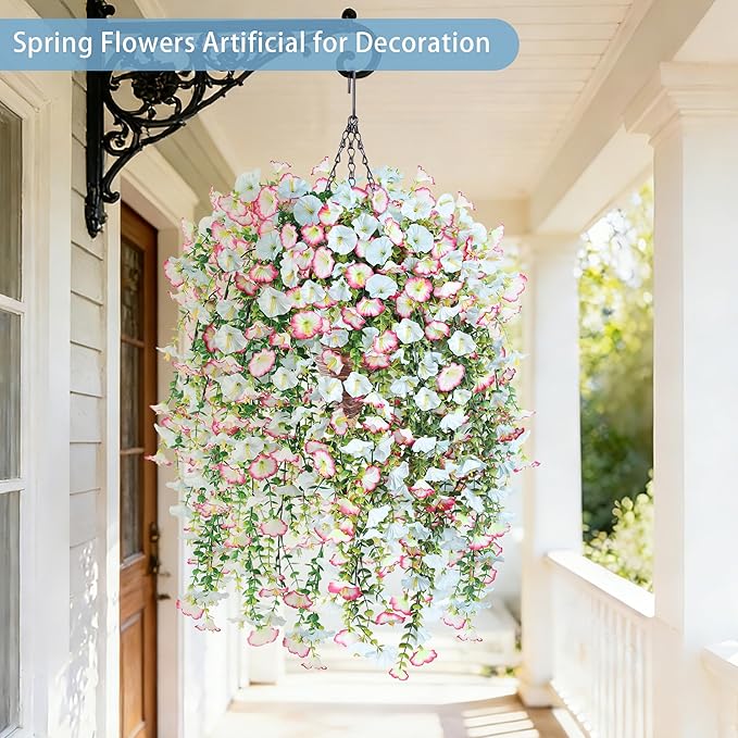 Artificial Hanging Flowers with Basket, 480 Blooms UV Resistant Faux Morning Glory Silk Plants, Fast & Easy Assembly Fake Hanging Baskets for Outdoor Porch Patio Garden Decor, Blue&White