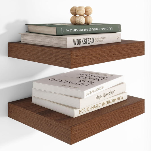 Heimlove 12 Inch Deep Floating Shelves, 12 x 12 inches Long Wall Shelf, Large Extra Display Shelf & Storage Shelf, Rustic Wood Wall Shelves for Fireplace Mantel, Walnut - 2Pack