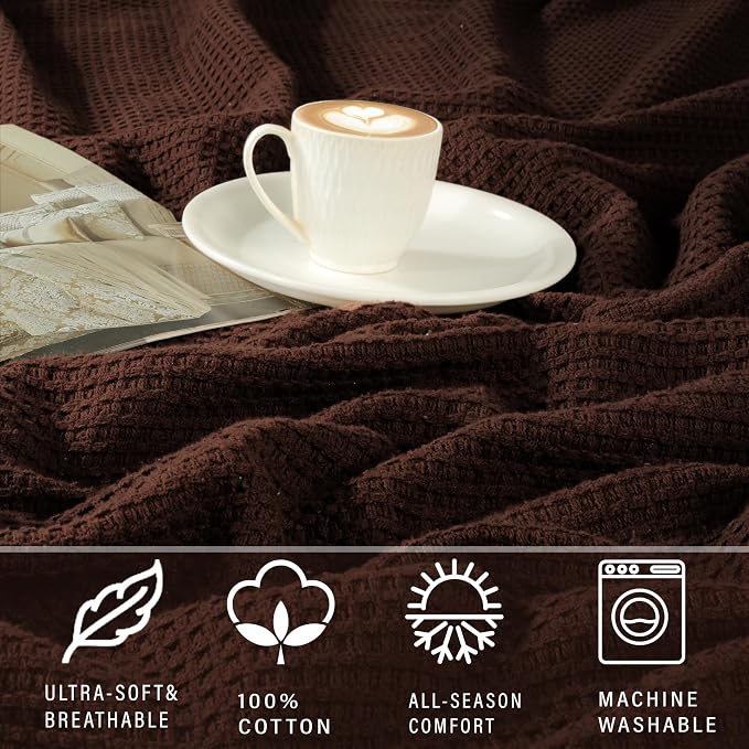 TreeWool Premium 100% Cotton Waffle Summer King Blanket (90"x108", Brown) | 420 GSM Breathable Lightweight Moisture Wicking Soft Knit Thermal Blanket for Bed or Sofa All-season Comfort Machine Washable