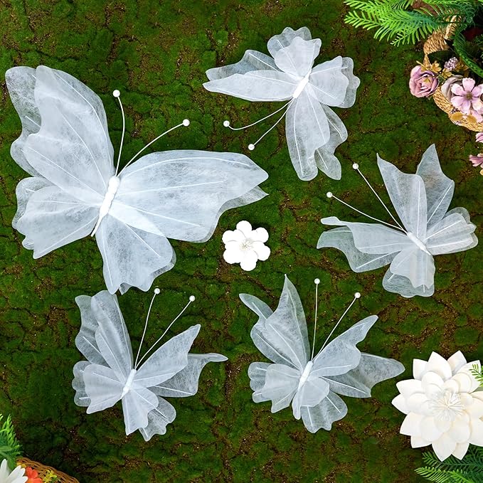 OBBOLO 3D Hanging Butterfly Decorations, White Butterfly Birthday Party Decorations, 5 Pcs Water-Repellent Paper Butterfly Hanging Decorations for Girls, Women, Flower Garden Party Décor