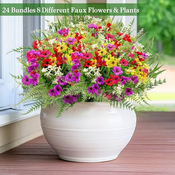 24 Bundles 8 Styles Artificial Flowers for Outdoors UV Resistant Fake Flowers Faux Plastic Plants Colorful Daisy Boston Fern Lavender Cemetery Flowers for Outside Indoor Home Porch Patio Spring Decor