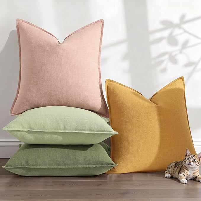 decorUhome Summer Decorative Linen Throw Pillow Covers 12x20 Inch Set of 2 Mustard Yellow Lumbar Pillow Covers with Flange Edges Soft Farmhouse Boho Accent Pillow Cases for Couch Bed Living Room
