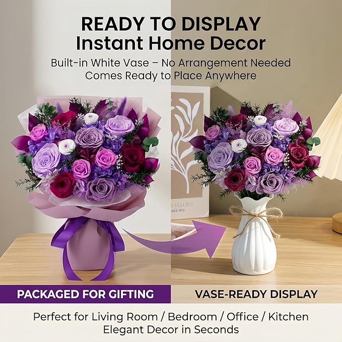 XTYFJGVA 12 Preserved Purple Roses Bouquet, Flowers for Delivery, Real Roses That Last 1-3 Years, Birthday Gifts for Women, Forever Flower Gifts for Mom, Wife, Grandma, Her on Mothers Day, Anniversary