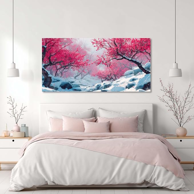 Ggaafet Red Plum Blossom Tree Wall Art for Bedroom Canvas Painting Prints Beautiful Winter Landscape Art Deco Nature Artwork Office Family Dining Room Decor
