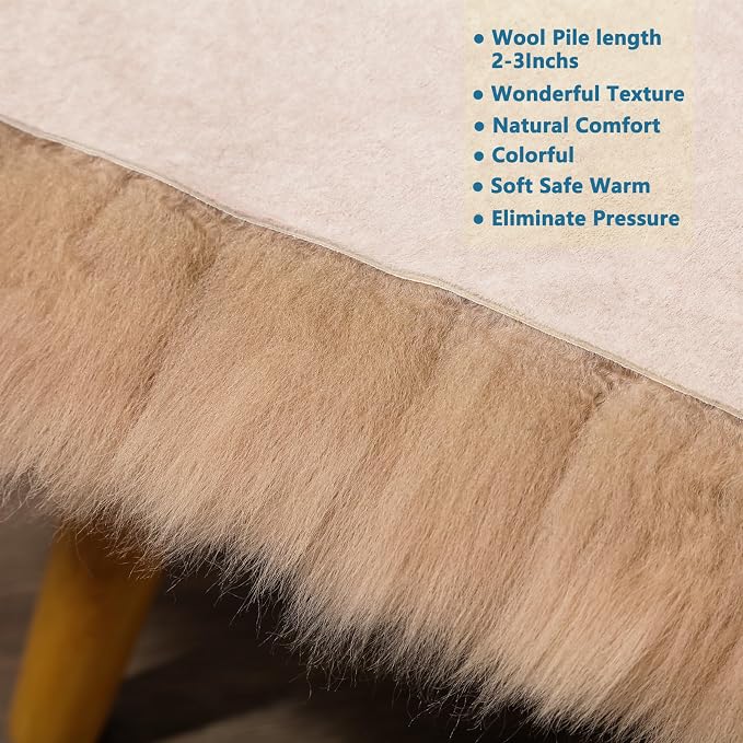 AOGELAN Shaggy Fur Area Rug, Genuine New Zealand Sheepskin Rug, Soft Fur Prayer Pup Carpet Mat, Single Pelt 2ft x 3ft Light Brown