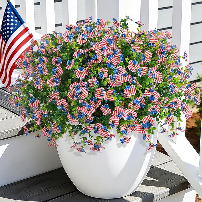 ADXORA 12 Bundles Artificial Flowers,Faux Plants for Spring Summer Decoration, UV Resistant Colorful Violets Eucalyptus for Outside Home Planter Porch Patio Yard Décor (Red,Blue,White)