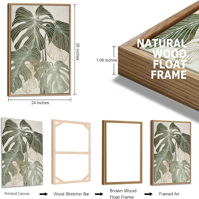 Large Framed Canvas Wall Art - Natural Float Framed Green Plantain Leaves Pictures Decor Brown Leaf Lines Artwork Paintings for Bedroom Living Room Kitchen Home Office Decoration 72" X 36" Set of 3