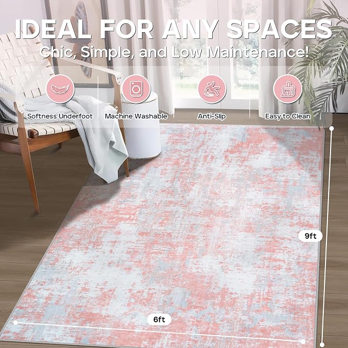 Pink Rug Carpet 6x9 Area Rugs for Bedroom Girls: Washable Modern Rug for Living Room Dining Room Non Slip Low Pile 6 by 9 Indoor Abstract Home Office