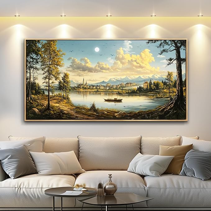 XIGUANGART Landscape Wall Art, Nature Wall Art, Large Framed Wall Decor, Riverside Farm Canvas Art Prints,Vintage Rustic Farmhouse Wall Decor Paintings for Living Room Bedroom Bathroom Kitchen 20"X40"