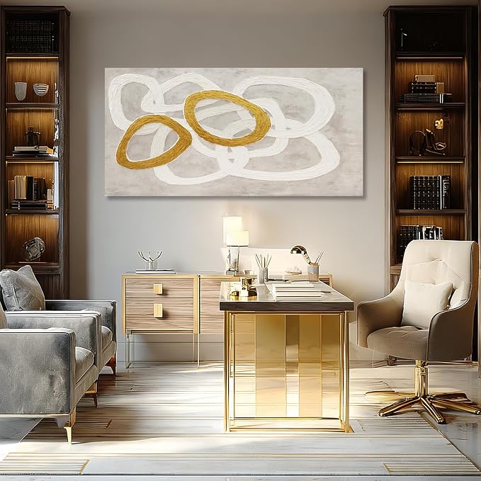 Dolidoteart Canvas Wall Art, Beige White Gold Abstract Wall Art Print, Hand-Painted Style Horizontal Artwork for Living Room Bedroom Office, 24x48 Inch