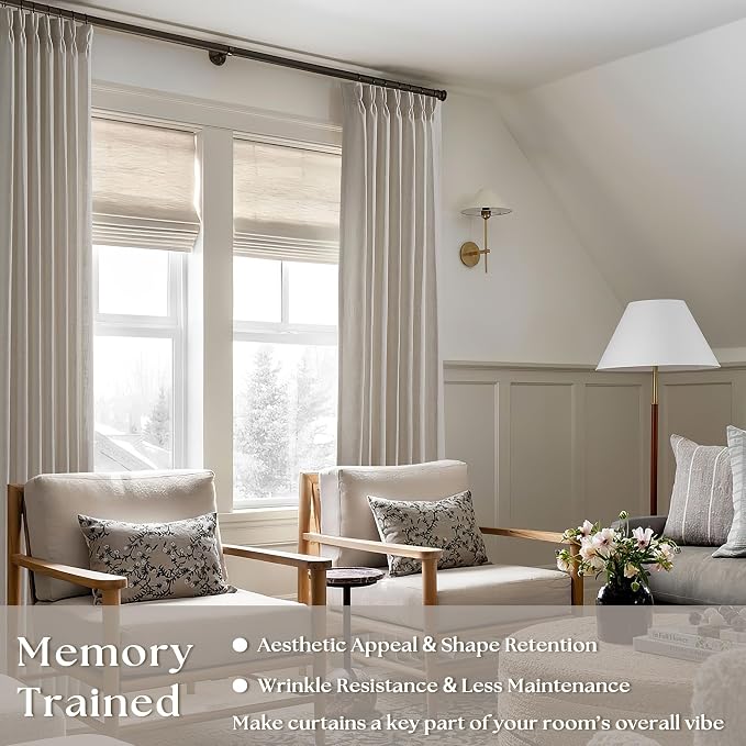 Pinch Pleated Linen Curtains 112 Inches Long for Living Room 2 Panels Set Greyish Beige Flax Double Pleated Drapes Back Tab Farmhouse Ceiling Floor 112 Inch Window Curtains Bedroom Burlywood Birch