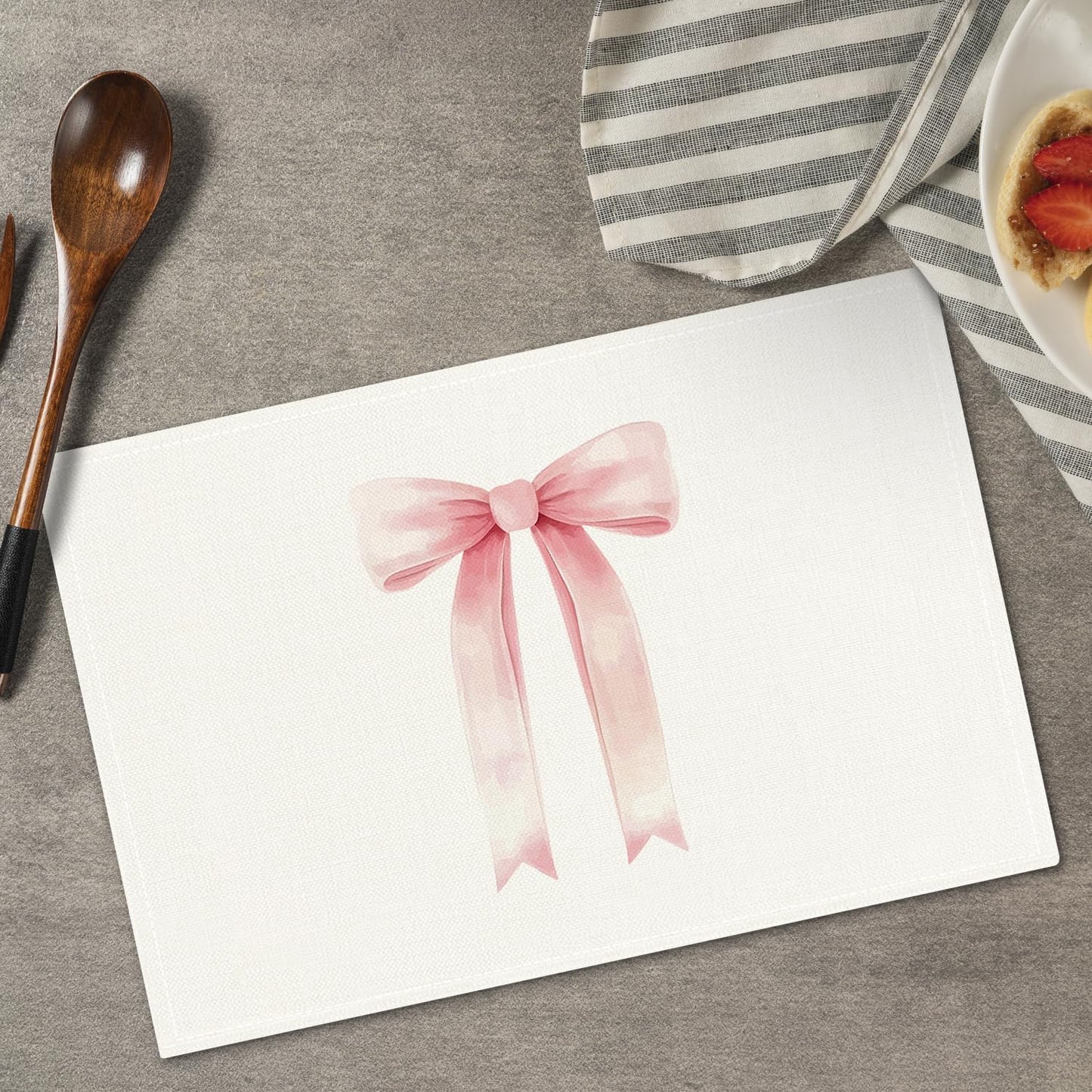 Pink Bow Placemats Set of 4, Table Mat for Home Kitchen, Restaurants, Outdoor Linen Washable Place Mats 12x18 inch Party Event Dining Decoration-05