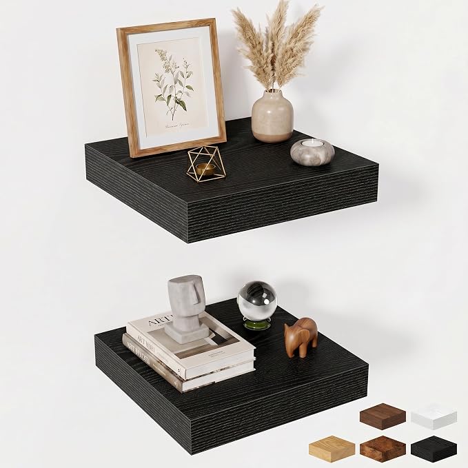 Fun Memories Floating Shelves for Wall 12 Inch, 12 Inch Deep Square Wall Shelves, Bathroom Storage Shelves Over Toilet, Wood Floating Shelves for Living Room Bedroom, Black, Set of 2