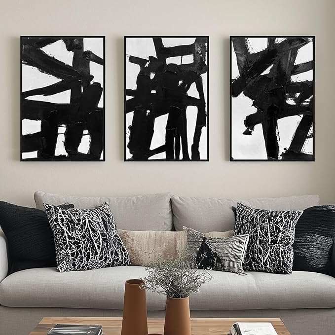 SAFERRYHOME Black And White Abstract Textured Wall Art, 3 Pieces Modern Canvas Prints Paintings, Minimalist Wall Decor Picture, Black Line Stroke Artwork for Living Room, Bedroom, Office, 24"x36"x3