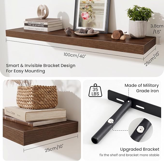Fun Memories Floating Shelves Set of 3, 40 Inch Long Wooden Wall Shelves, 10 Inch Deep Wall Mounted Storage Shelf with Metal Brackets for Living Room, Bathroom, Bedroom and Kitchen, Walnut
