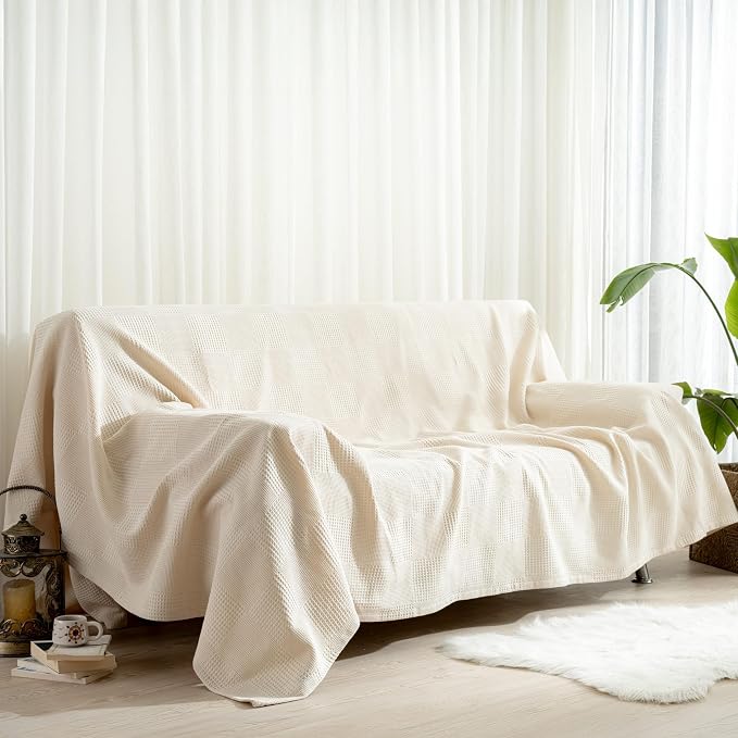 100% Turkish Cotton Blanket Queen Size Waffle Weave Blankets, Made in Turkiye, Light Airy Throw Bedspread (Natural Raw, Queen Size Blanket 90 x 90 inch)
