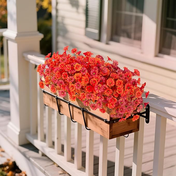Hrobek Fall Artificial Flowers for Decoration, 12 Bundles Fake Mums Autumn Flower Plants Petunias, Faux Silk Morning Glory Eucalyptus for Planter Garden Porch Front Door Window Box, Orange Red