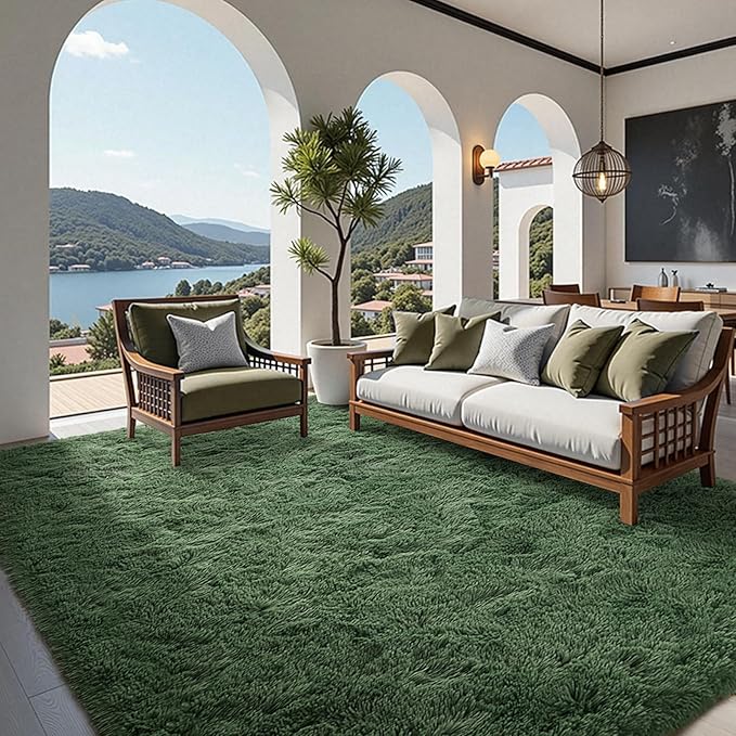 FinRèc 5x8 Feet Green Rug for Living Room Bedroom, Fluffy Fuzzy Shag Rugs, Non-Slip Furry Shaggy Area Rug for Nursery Kids Room Dorm Room Home Decor, Indoor Floor Carpet
