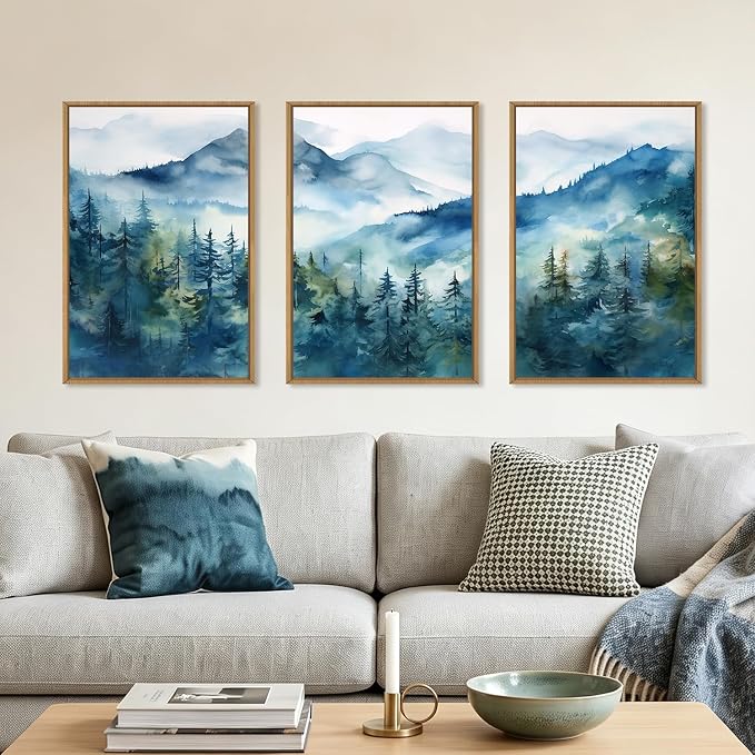 Blue Ridge Mountains Forest Framed Canvas Wall Art Set, Natural Landscape Wall Decor, Green Pine Trees Wall Painting, Woodland Artworks for Living Room, Bedroom, Dining Room-16"x24"x3