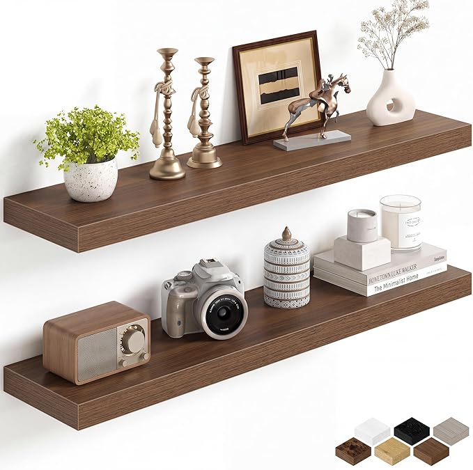 Fun Memories 36Inch Floating Shelves for Wall, 8 Inch Deep Shelves for Bathroom|Bedroom|Kitchen, Large Wall Mounted Wood Hanging Shelf with Invisible Brackets for Home Storage Decor, Walnut - 2 Pack
