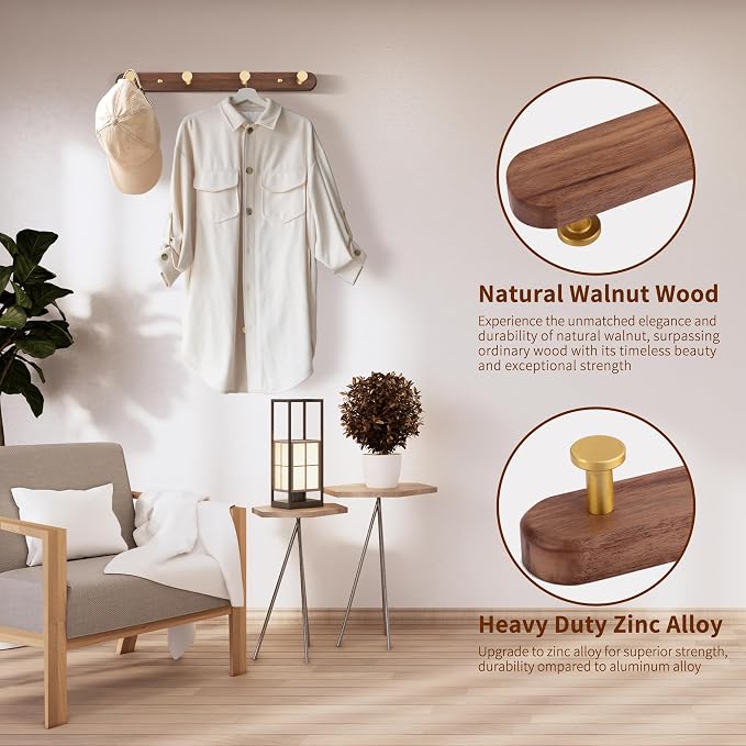 Wall Mounted Coat Rack, Entryway Hanging Rack, Metal Wood Coat Rail with 4 Rustic Hooks for Scarf, Bag, Towel, Key, Cup, Hat - Walnut Gold Matt