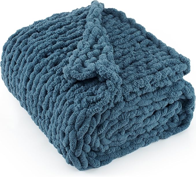 Chunky Knit Throw Blanket 60x80, 100% Handmade Chenille Yarn | 6.7lbs Soft Thick Cable Knitted Blankets, Large Rope Knot Crochet Throws for Couch Sofa Bed Machine Washable, Lyons Blue