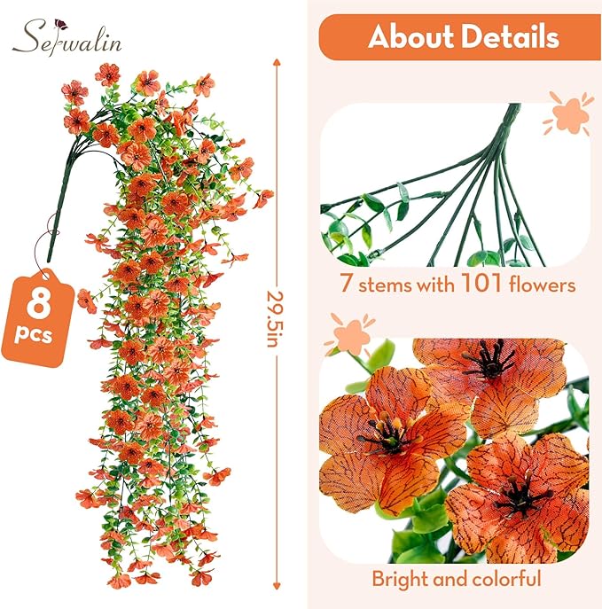 Serwalin 4PCS Artificial Fall Flowers for Outdoors Decoration, Realistic Silk Artificial Fall Hanging Flowers for Patio, Garden, Porch, Window, Outside (Orange,8PCS)