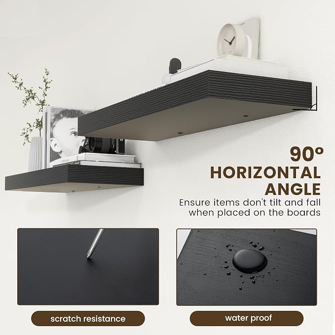 FLYJOE 12'' Deep Floating Shelves, 36 Inch Black Floating Shelves Set of 2, 36''x 12'' x 2'' Rustic Black Wood Shelves, Include Metal Brackets and Hardware, 45Lbs Load Bearing Capacity